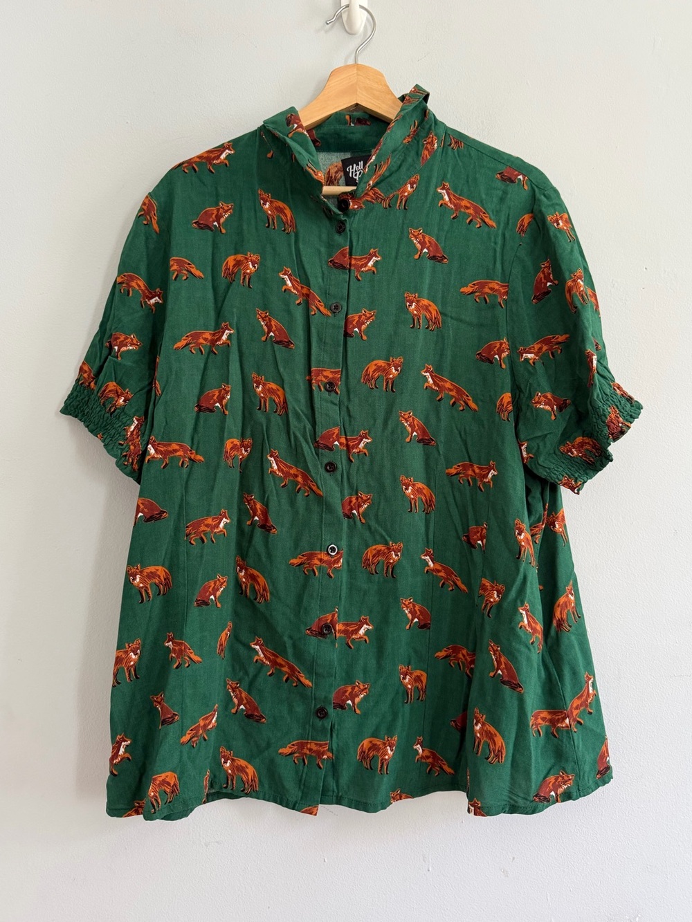 Hell Bunny Short Sleeve Fox Print Green Button Down Rockabilly Retro Size 4XL